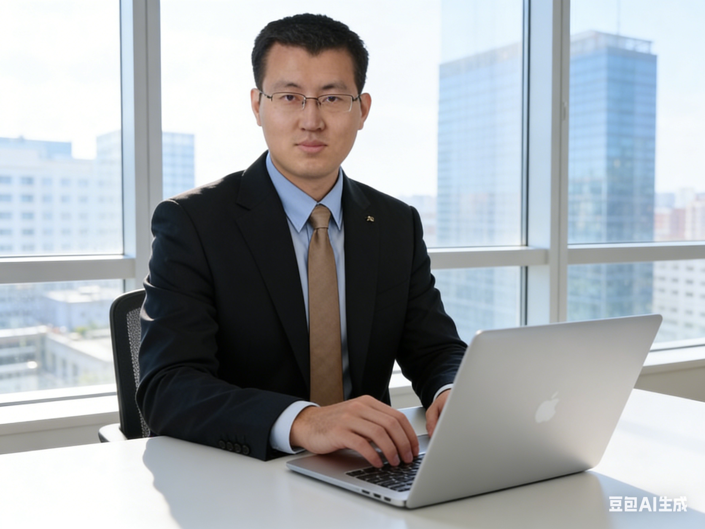 四十岁左右中年男性头像,穿深色西装,专业商务形象,背景简洁现代办公室环境